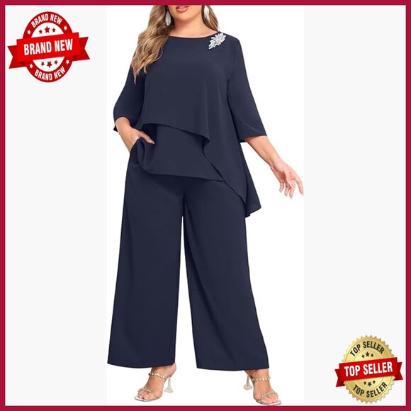 Plus Size Pant Suit Set Wedding Guest Formal Outfit with Pockets